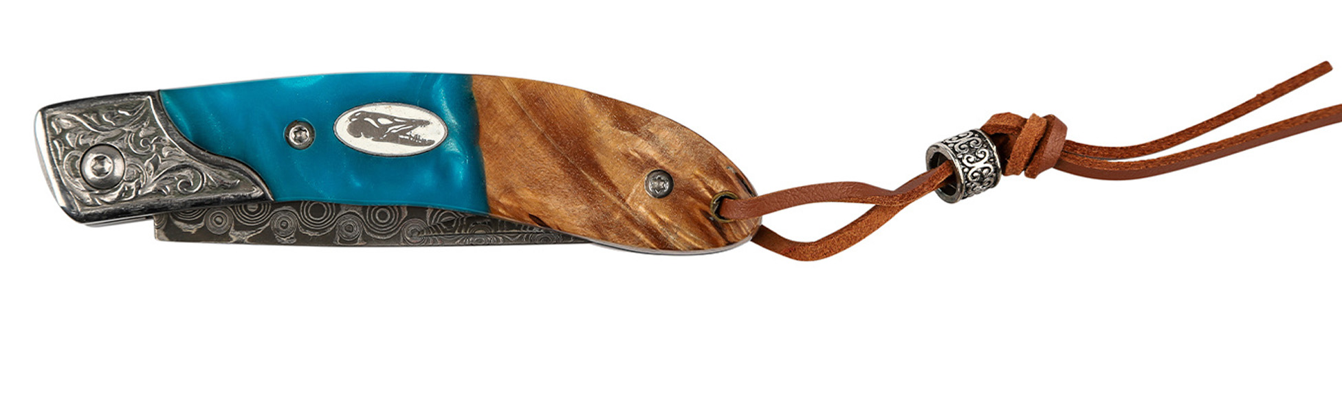 Fällkniv Pocket Rocket damaskus, premium fällkniv sportfiske, pocket rocket fällkniv läderrem, friluftskniv damaskus