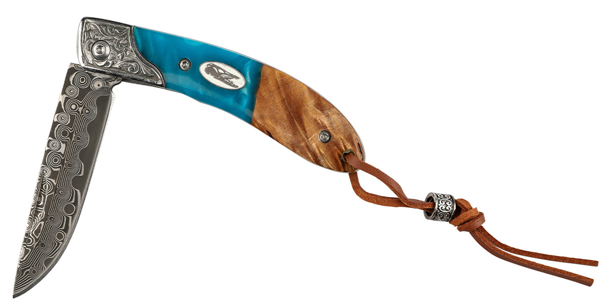 Fällkniv Pocket Rocket damaskus, premium fällkniv sportfiske, pocket rocket fällkniv läderrem, friluftskniv damaskus