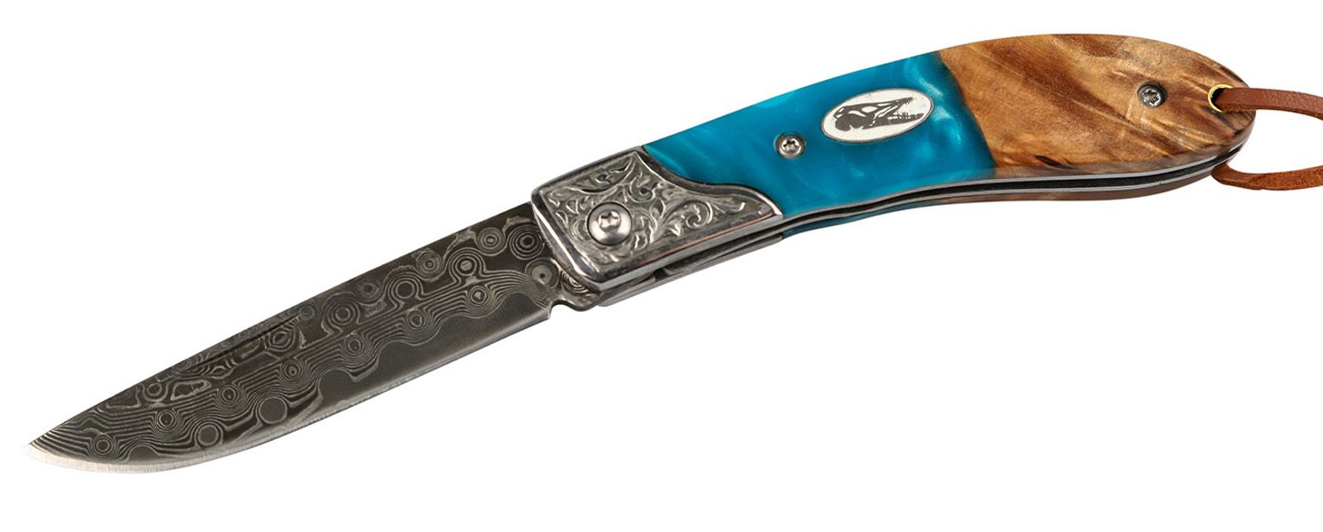 Fällkniv Pocket Rocket damaskus, premium fällkniv sportfiske, pocket rocket fällkniv läderrem, friluftskniv damaskus