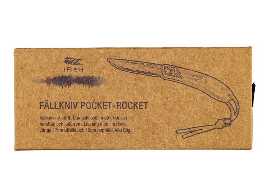 Fällkniv Pocket Rocket damaskus, premium fällkniv sportfiske, pocket rocket fällkniv läderrem, friluftskniv damaskus